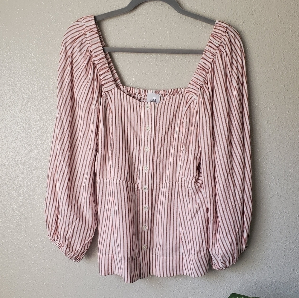 Cabi Carnival Striped Button Front Square Neck Puff Sleeve Blouse Womens S
